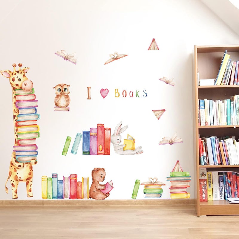 Kasubeso Animals Reading Books Wall Decals Watercolor Large Giraffe Bear Rabbit Owl Read Books Wall Stickers for Kids Bedroom Nursery Playroom Classroom Library Reading Corner Decoration - Image 5